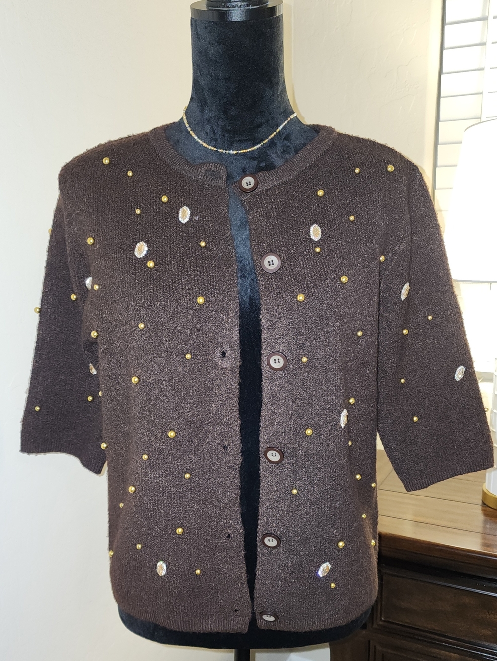 Beaded Short-Sleeve Knit Cardigan in Brown
